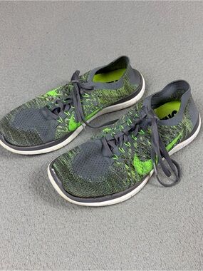 Nike Free 4.0 Flyknit Running Shoes - Mens 12 Gray & Green Athletic 717075-007
